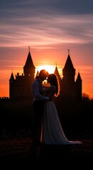 A couple embraces in front of a majestic castle at sunset, bathed in warm golden hues.
