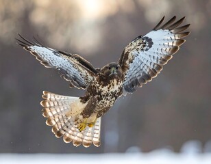 Hawk in flight over snow