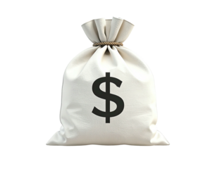 Cream-colored canvas money sack with a large dollar sign