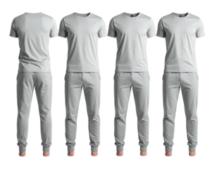 Four gray t-shirt and pants sets