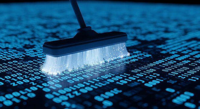 Data cleansing concept, a brush cleaning binary code background.