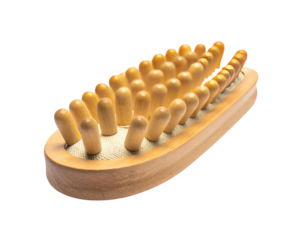 Oval-shaped wooden massage brush with small, pointed, light-brown wooden protrusions, set in a light-brown wooden base