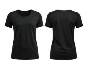 Front and back view of a black women's crew neck t-shirt, blank and ready for customization