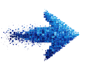 A vibrant blue arrow, pixelated and dissolving, points right