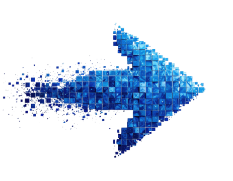 A vibrant blue arrow, pixelated and dissolving, points right