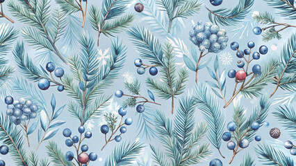 Seamless Christmas pattern, watercolor vintage style, red winter berries and pine branches with soft beige