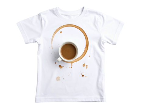 A white t-shirt with a coffee stain.  A coffee cup is superimposed on the stain, which is a perfect circle with drip marks radiating outward