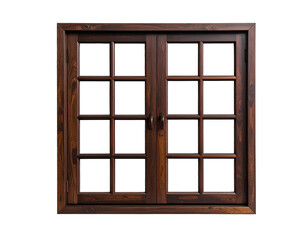 Obraz premium Wooden double-hung window, dark brown, ornate frame, divided into small panes