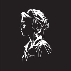 a middle aged women with headphones vector silhouette