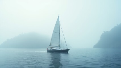 Fototapeta premium A sleek sailboat with white sails cutting through a misty, early morning ocean. The soft fog rolls over the water, partially obscuring distant islands and adding a sense of mystery