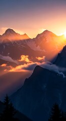 A breathtaking mountain vista at sunset, showcasing vibrant hues of orange and purple, with dramatic shadows and illuminated peaks.