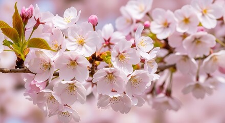 Close-up of delicate cherry blossoms, showcasing soft pastel pink and white petals, vibrant yellow stamens, and lush green leaves, captured in a shallow depth of field.