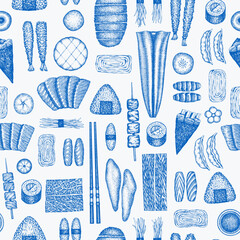 Japanese Cuisine Vector Seamless Pattern. Asian Dishes Hand Drawn Background. Retro Japan Traditional Food Illustration.