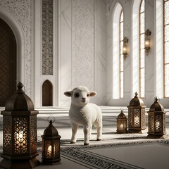 A sweet, fluffy lamb stands in a beautiful, ornate mosque, bathed in warm light.