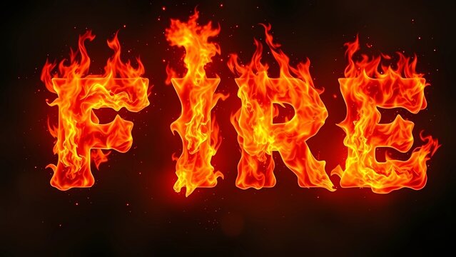 Fire burning typography with flame effect | Word "FIRE" designed in blazing flames on dark background, hot fiery design symbolizing energy, danger, heat, power, destruction, passion, and dramatic fant