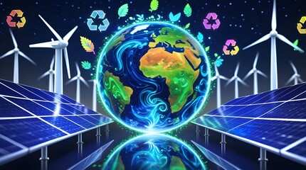 Modern sustainable technology visualization showing holographic Earth surrounded by renewable energy particles
