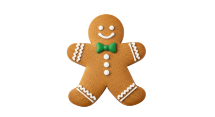 Isolated gingerbread man cookie with green bow tie and white icing smile, ready for Christmas