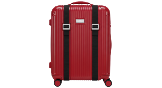 Isolated red suitcase with straps and wheels on a seamless backdrop for travel needs