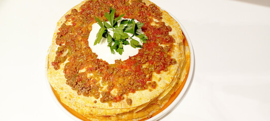 Traditional Turkish Food Kayseri Food Minced Meat, Yogurt and Tomato Paste