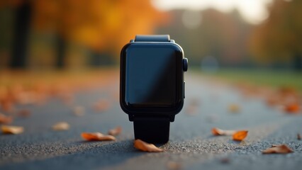 Smartwatch displaying fitness data, modern black wearable device on blue strap showing heart rate calories steps and distance metrics on digital screen. concept of fitness tracking, health monitoring