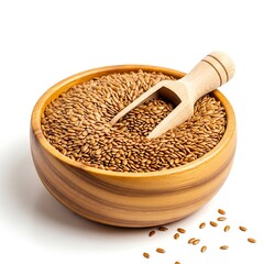 Flax seeds in wooden bowl isolated on white background