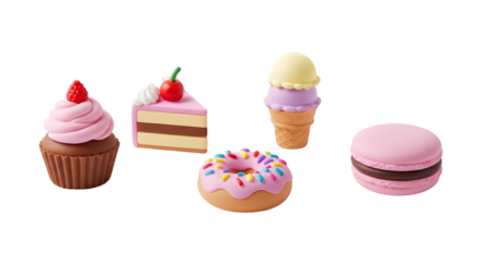 Set of 5 cute dessert erasers cupcake cake ice cream donut macaron Kawaii style clay design Isolated on white background