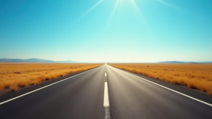 Naklejka premium Road stretching toward horizon in a vast desert plain setting, empty asphalt highway flanked by golden grass in an open arid landscape, concept of travel adventure, motivational freedom, road trip