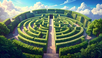Lush green hedge maze, circular design, sunny sky