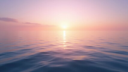 Fototapeta premium Sun rising over calm ocean in a serene horizon setting, golden light reflecting on gentle blue waves in a peaceful marine environment, soft pink sky fading to purple with hazy atmosphere 