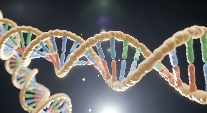 A vibrant, 3d illustration of a double helix dna strand, showcasing its colorful components against a dark backdrop. - Powered by Adobe