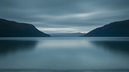 A serene lake scene, featuring muted tones and the silhouette of mountains, creating a tranquil and peaceful atmosphere.