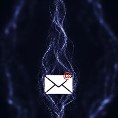 A white email icon, subtly highlighted by a vibrant red symbol, is featured against a backdrop of flowing, swirling particles, creating an artistic and technical illustration.