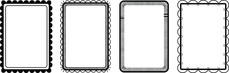Decorative rectangular frame set, black and white border vector, scalloped and striped design elements, vintage graphic for layout use