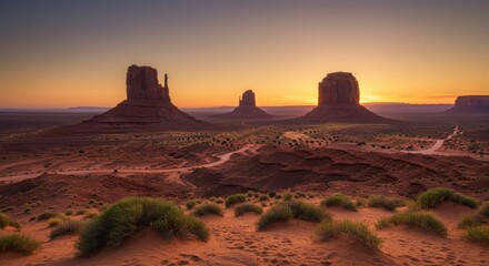 Sunrise over desert landscape with monument valley
