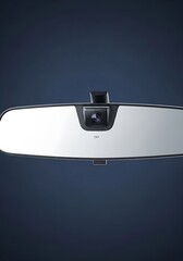 A modern, sleek automotive rearview mirror with integrated camera technology, showcasing a clean design and dark backdrop.
