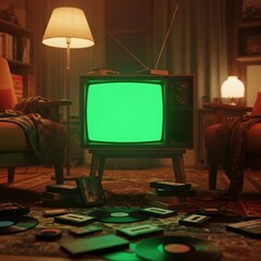 Retro living room scene with a vintage television, surrounded by records and tapes, showcasing a warm and nostalgic atmosphere.