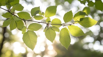 Fresh, vibrant leaves on a branch bathed in sunlight, showcasing a soft, natural backdrop.