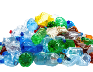 A large pile of various colored plastic bottles and crumpled paper