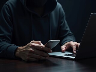 Cybersecurity threat concept with hooded figure using smartphone and laptop in dark environment, hacking and digital risks