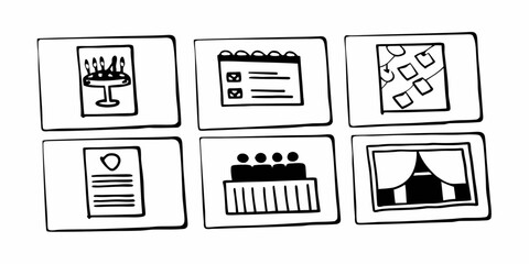 Collection of six hand drawn icons depicting birthday cake calendar chart document meeting stage