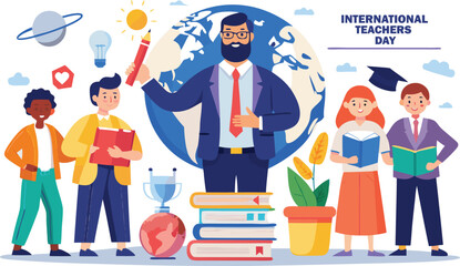 Diverse group celebrating international teachers day with globe and educational symbols in a colorful vector illustration