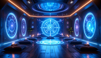 Serene interior of an empty futuristic sanctuary for meditation and mindfulness, a tranquil high-tech room where nobody is present