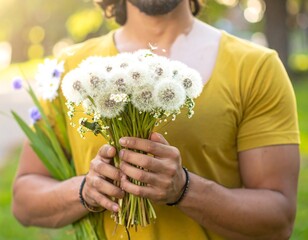 Man holding a bouquet of dandelions