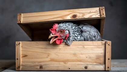 Hen in a wooden crate