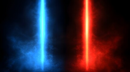 Two vibrant beams of light, a vivid blue and a fiery red, pierce a dark smoky atmosphere.