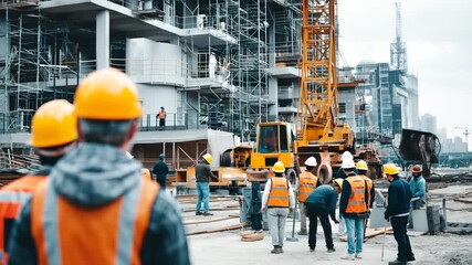 Workers in hard hats and safety vests closely watch the progress of a construction project in an urban environment on a cloudy day. The teamwork and focus are evident as they engage in their tasks