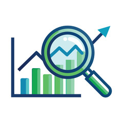 Stylized icon of a magnifying glass over a data chart, representing analysis, search, inspection, detailed investigation, and business strategy easily.