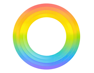 A vibrant, rainbow-colored, circular graphic with concentric rings