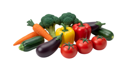 Assortment of fresh vegetables carrots broccoli peppers tomatoes and zucchini Healthy food concept photography Isolated on white background