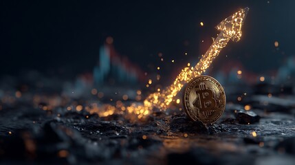 Gold bitcoin with a fiery glowing arrow pointing up on a financial chart